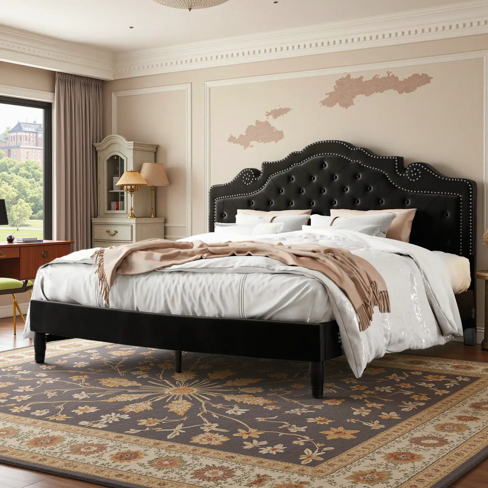 Allewie Full/Queen/King Velvet Upholstered Bed Frame - 【Frame Only No Mattress】Adjustable Tiara Headboard with Diamond Button Tufting & Wood Slats, Bl