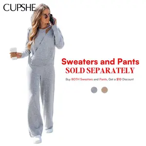 CUPSHE【Sweaters and Pants sold separately】Women Round Neckline Long Sleeves Top And Loose Leg Cozy Sweater Tones Pants Casual Outfit Womenswear Clothes for Fall