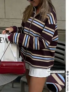 Women's Valentine's Day Casual Striped Zip-Up Long-Sleeve Color Block Top, Womenswear, Fitted Style for Fall and Winter