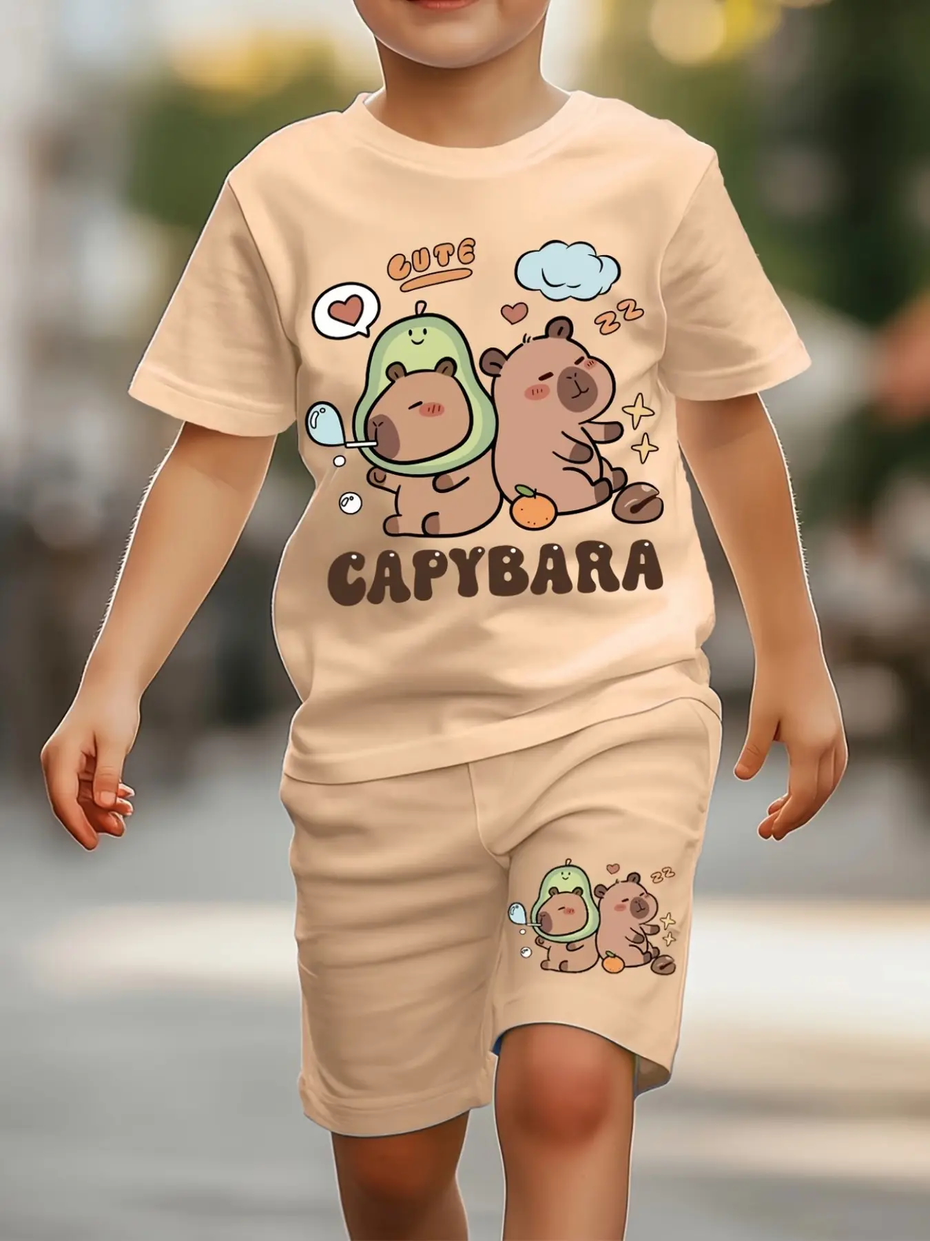 Cute Capybara Short Sleeve Shorts Set, Adorable Kids Clothing, Fitted Style, All over Print, Casual Wear, Cartoon Print Set, Graphic Print Set, Outfit Sets, Step Up Cuteness