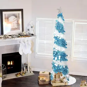 5ft Pop Up Tinsel Christmas Tree,Battery Operated Narrow Christmas Tree Blue and White Artificial Pencil Xmas Trees Collapsible Christmas Decor for Home Office Doorway Porch