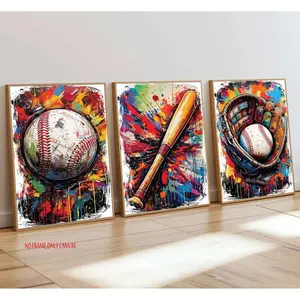3-Piece Set, Graffiti Baseball Canvas Wall Art; Teen Baseball Poster; Printed Artwork; Street Athlete; Wall Decor; Home Decor for Boys' and Girls' Rooms, Living Rooms, Bedrooms, and Offices; Frameless, Artistic