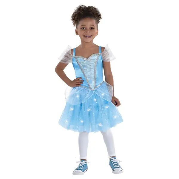HalloweenCostumes Toddler Girl's Cinderella Light-Up Costume Dress, Nylon-Knit Spaghetti Straps, Poly Satin Fabric, Built-In Battery Box With On/Off Switch