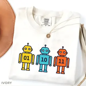 01 10 11 Robot Comfort Colors T-Shirt, Funny Binary Code Nerd Gift, Retro Tech Geek Graphic Tee, Full Sizes