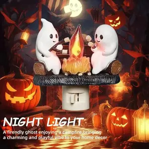 Ghost Campfire Flickering Nightlight - 3D LED Small Electric Faux Campfire Night Light with Spooky Fire Marshmallow Design for Indoor Decorations & Halloween Gifts