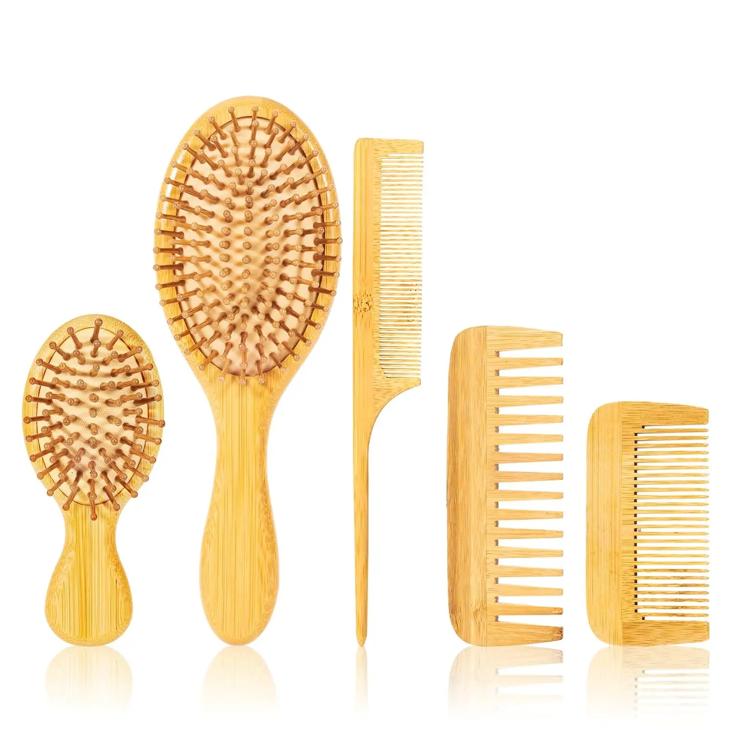 5 Piece Bamboo Hair Brush Set, Natural Wooden Comb Hairbrush for Women, MenScalp Massage Oval Brushes, Wide Tooth and Tail Combs for Wet, Dry, Thick, Curly Hair