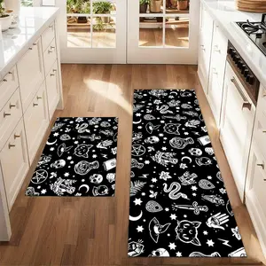 2Pcs Halloween Bat Black Cat Skull Floor mat set for farmhouse kitchen Rug restaurant floor laundry room decor carpet mat