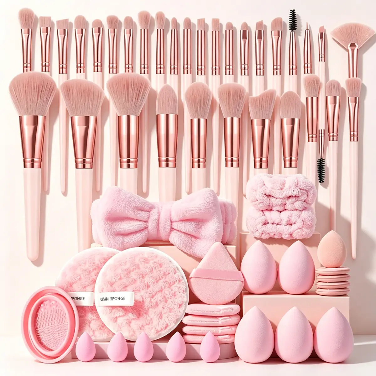 32PCS Makeup Brush Sets&5PCS Makeup Sponges&5PCS Mini Makeup Sponges&5PCS Triangle Powder Puffs&5PCS Mini Air Cushion Powder Puff&2PCS Facial Cleansing Sponges&1PCS Hairband&2PCS Hand Bowl Strap&1PCS Makeup Brush Cleaning Tools Cosmetic Pink, Makeup Brush