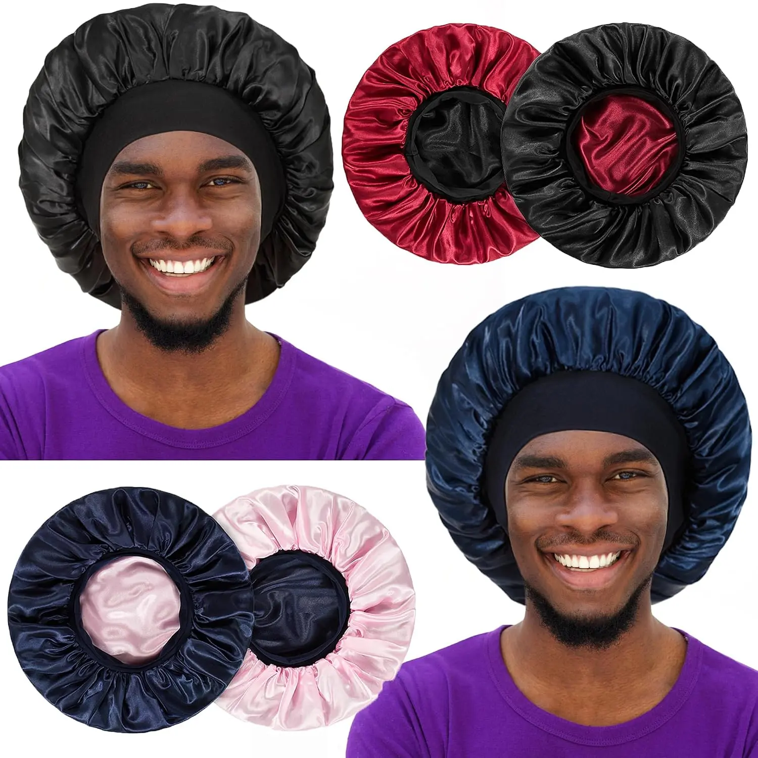 Reversible Satin Sleep Bonnet with Wide Elastic Band for Men Women