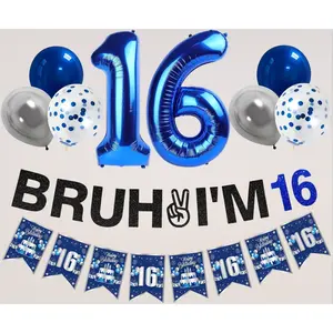 10 piece blue silver 16th birthday set bruh I'm 16 banner happy birthday balloons for boys girls 16 year old bday supplies sign