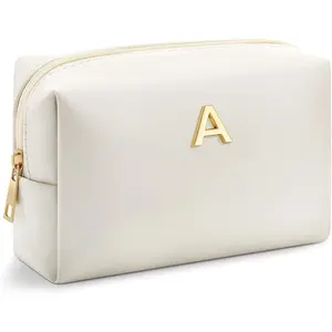 Initial Makeup Bag for Women Beige Leather Easter Basket Gifts Monogram  Bag Small Travel Toiletry Pouch Wedding Birthday Graduation Bridesmaid Gifts for Teen Girls Women Teachers(A)