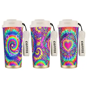 1pc 18oz Stainless Steel Thermal Vacuum Flask Tumbler - Stylish Tie-Dye Rainbow Insulation Bottle, Retro Hippie Peace & Love Heart Design, Portable Dual-Drink Large-Capacity Kitchenware, Bottle Vacuum Flasks for Gym, Teen Holiday Gift, Stainless Vacuum Fl