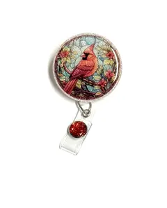 Cardinal Badge Reel, 2”, Stained Glass Design, Retractable Swivel Alligator Clip, Nurse, Teacher, Office