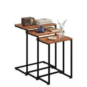 SuperDeal 3-pcs Modern Rustic Nesting End Tables Metal Frame Bed Side Table Coffee Table Home Decor for Living Room, Bedroom