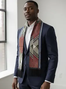 African Print Men’s Scarf – Handwoven Geometric Pattern Winter Scarf with Fringe | Stylish Ethnic Fashion Accessory