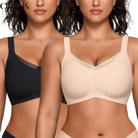 OEAK 2PCS Women's Wireless Jelly Bras V Mesh Comfortable Bralette Supportive Tshirt Bra No Underwire Seamless Push Up Everyday Bras
