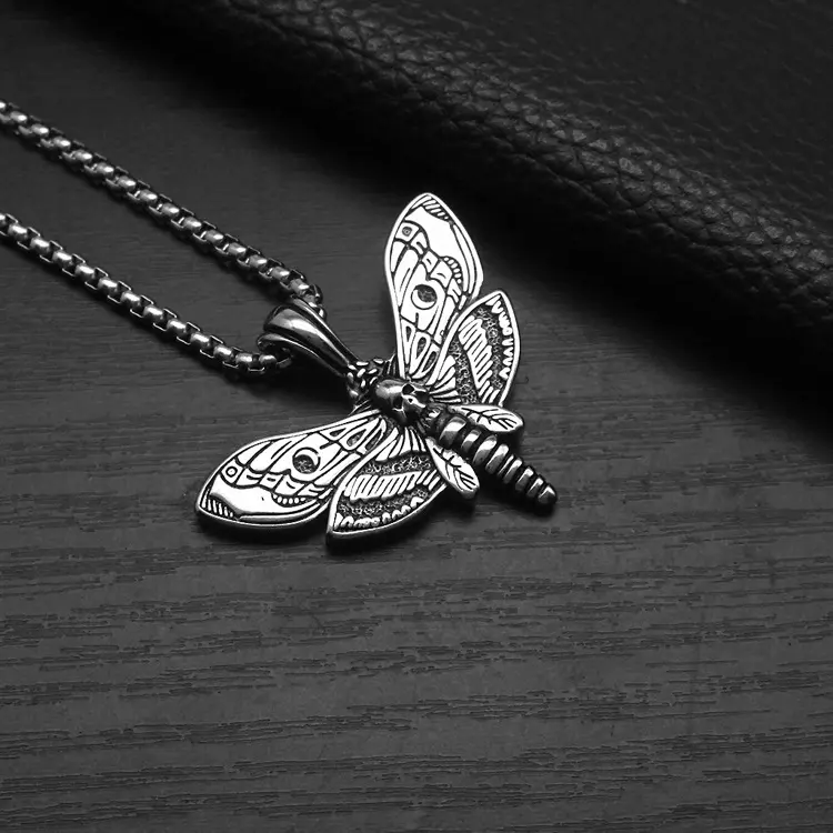 Unisex Retro Gothic Double-Sided Death Moth Pendant Necklace, 316L Stainless Steel Jewelry, Cast Metal Insect Accessory, Vintage Long Chain Link for Daily Wear