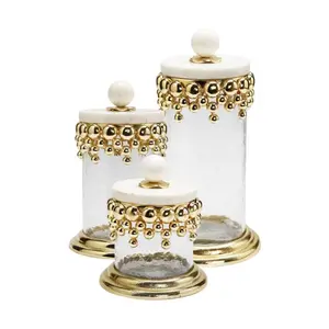 Glass Canister w/Gold Bubbles Décor & Marble Lid