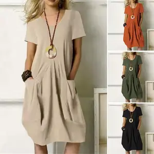 2026 Summer Women's Cotton Linen Loose Dress, Solid Crew Neck Short Sleeve Casual Midi Dress, Breathable Lightweight Flowy Sundress for Daily, Vacation, Beach & Weekend Outings, Soft Comfy Relaxed Fit Dress for Women
