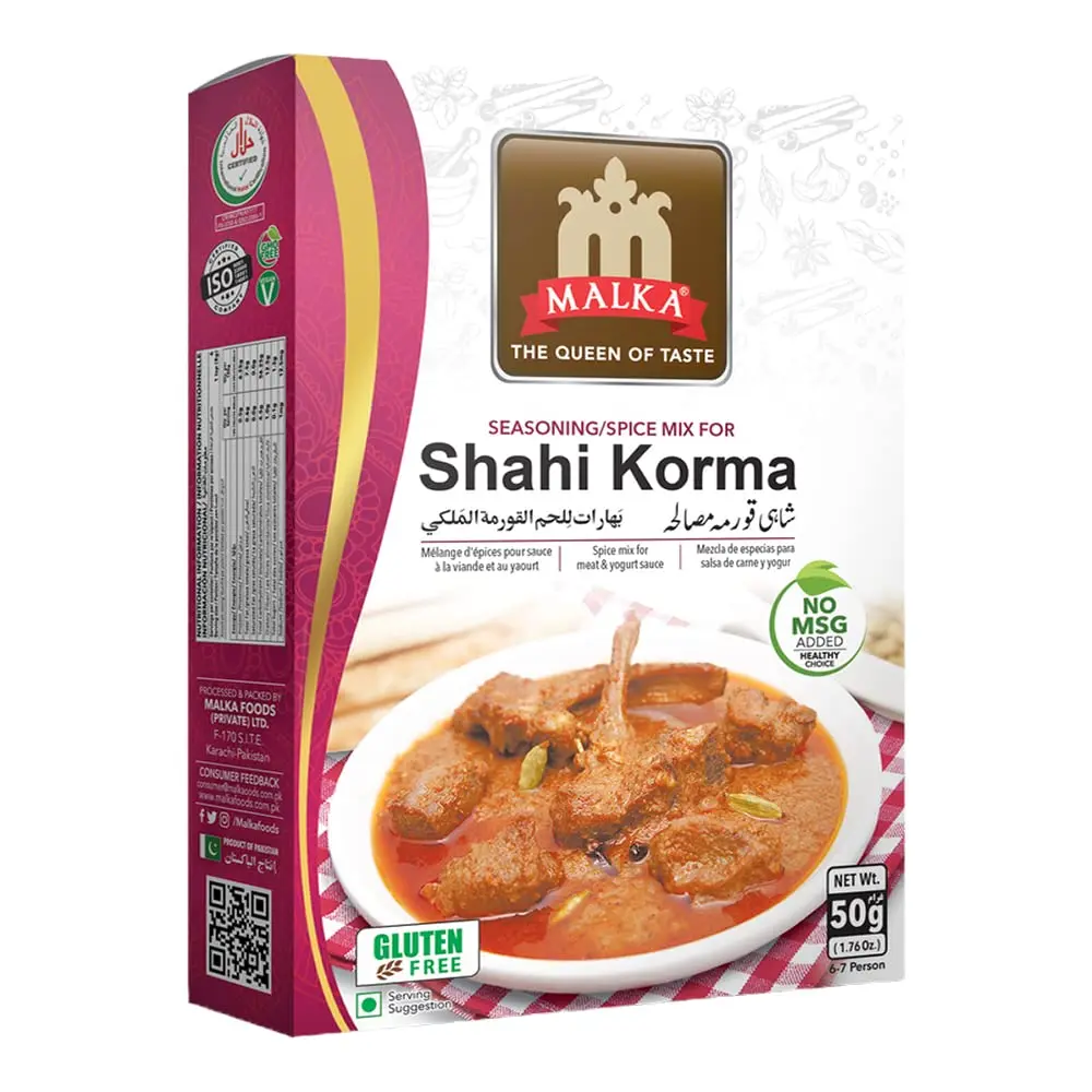 Malka Shahi Korma Recipe Mix 50g (1.76 oz) Pack of 1 | Authentic Gourmet Spice Powder for Meat & Yogurt Sauce | No MSG Added, Vegan, Non-GMO, Gluten Free & Halal | Traditional Indian flavor