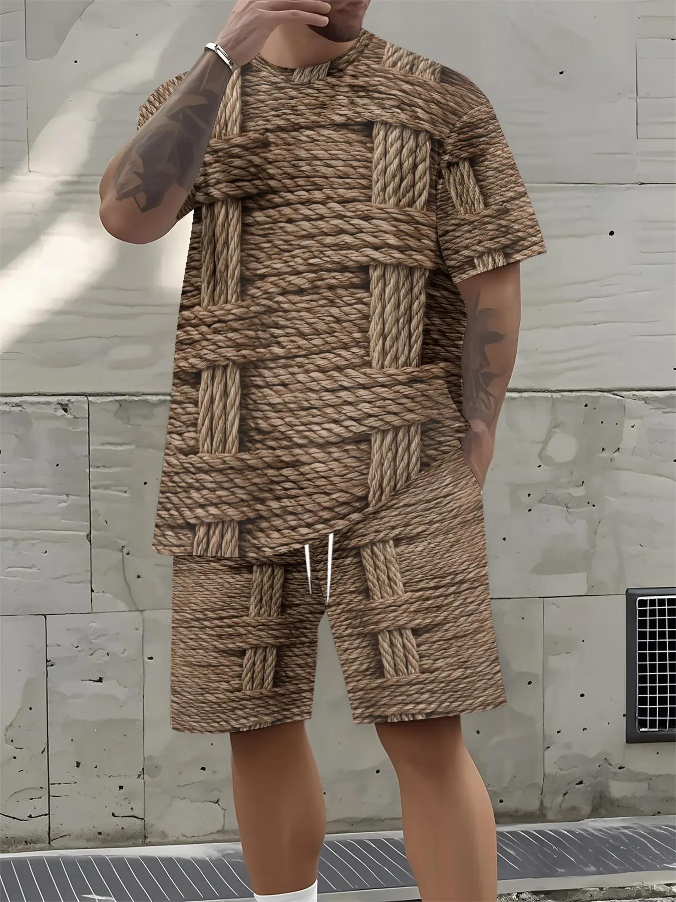 Men's fashionable casual sportswear set: woven pattern printed crew neck T-shirt and drawstring shorts set. Comfortable, versatile, and suitable for outdoor activities.