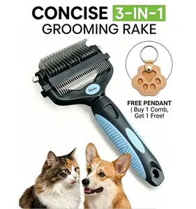 Pet Grooming Slicker Brush - Double-Sided Non-Scratching De-Matting Rake Comb, Deshedding Tool for Dogs & Cats, Fur Release Feature for Reducing Flying Fur