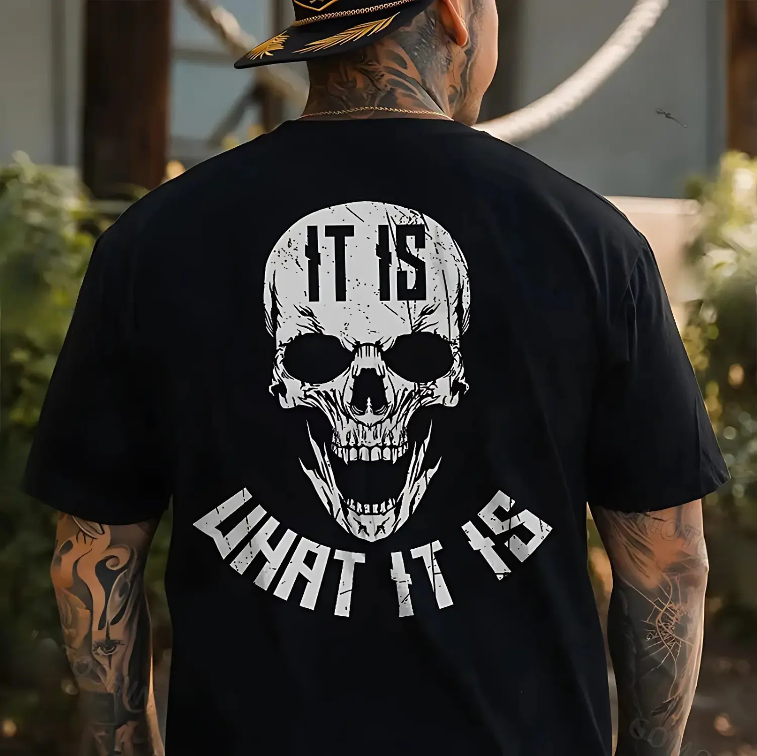 Gildan Men's Fitted Short-Sleeve Round Neck Cotton T-Shirt - Casual Comfy Streetwear Graphic Tee with "It Is What It Is" Skull Print, Menswear Top for Christmas, Tshirt