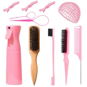 11PC Hair Styling Tool Set with Edge Brush, Rat Tail Comb, Spray Bottle, Sectioning Clips, Loop Tool & Wig Cap, Multi-Functional Hair Accessories Kit for Slick Back Hair, Edges Styling, Braiding & Daily Hair Care