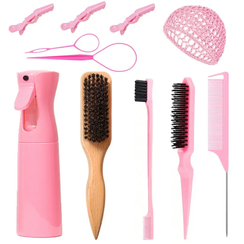 11PC Hair Styling Tool Set, Styling Hair Tools, with Edge Brush, Rat Tail Comb, Spray Bottle, Sectioning Clips, Loop Tool & Wig Cap, Hair Accessories Kit for Slick Back Hair, Edges Styling, Braiding & Daily Hair Care, Home Styling Tool