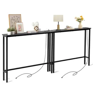 2 PCS （1 Set） 39.4" Narrow Console Sofa Table with Power Outlets and USB Ports, Long Couch Table with Metal Frame and Charge Station with 4.9ft Extension Cord, Black