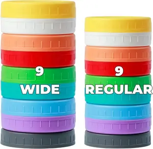 18 Pack 9 Wide Mouth & 9 Regular Mouth Mason Jar Lids with  Rings,Thickened Leak-proof Lids Fit Ball,Kerr and More, 18 Color Plastic Lids, 86mm &70mm Plastic Mason Jar Lids