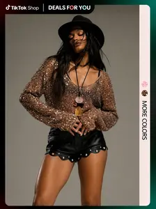 VIBEERA Women's Bohemian Sparkly Metallic Mesh Blouse Top - Breathable Light Fabric, Sheer Sequin Long Sleeves, Night Out Statement Women's Clothes, Nashville Cowgirl Cover Up, Oversized (XS-XXL)