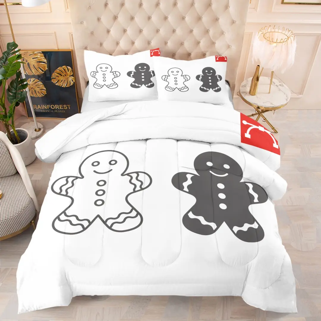 Christmas gingerbread man pattern, including 1 quilt and 1 or 2 pillowcases without pillowcores, suitable as Christmas gifts, soft children's and adult bedroom decorations