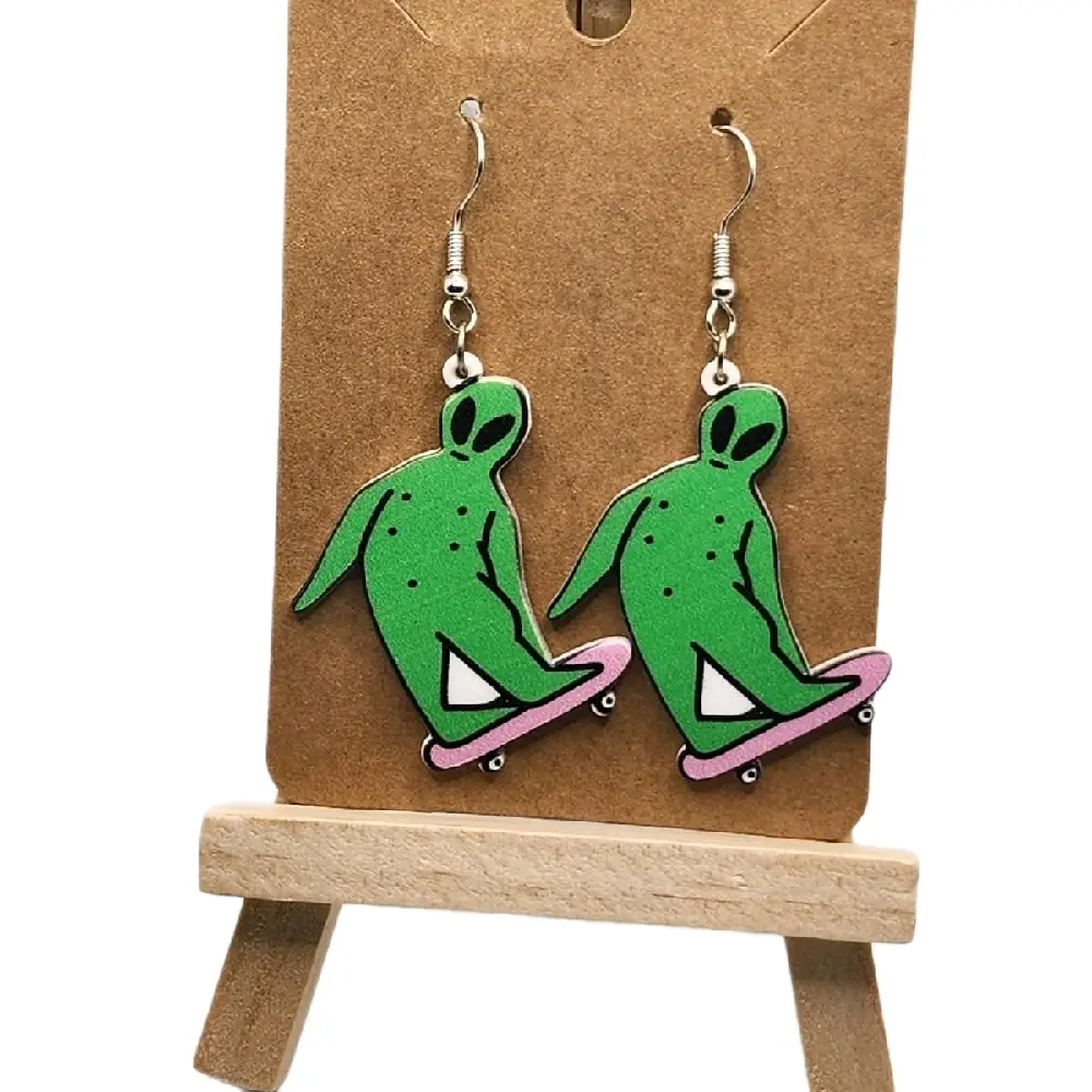 Fun Skater Alien Hook Earrings - Unisex Plastic Costume Jewelry, Lightweight, Comfortable Unique Alien Design for Women