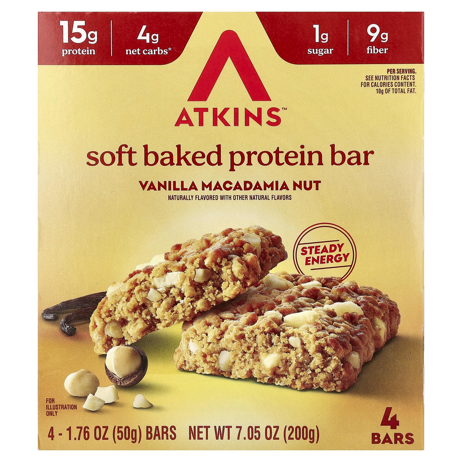 Atkins Soft Baked Protein Bar, Vanilla Macadamia Nut, 4 Bars, 1.76 oz (50 g) Each