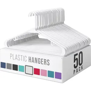 Plastic Hangers 50 Pack White - Clothes Hangers - Makes The Perfect Coat Hanger and General Space Saving Hangers for Closet and New Apartment Essentials - Percheros Ganchos para Colgar Ropa Hangars