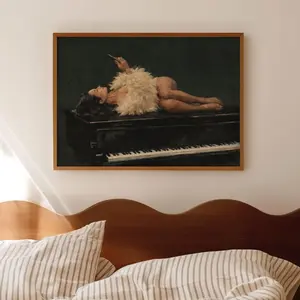 Abstract Fashion Woman Texting On a Piano  Print, Horizontal Above Bed Wall Art, Hand drawn Mid Century Modern Textured Poster 8