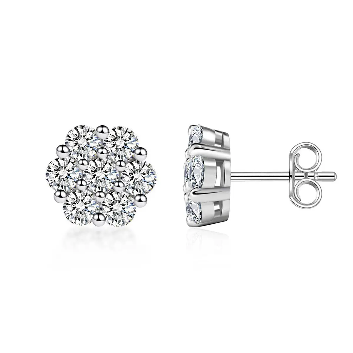 Women's S925 Flower Stud Earrings, 1.96ct Center Duo VVS Synthetic Moissanite, Cert, Multi-Size, Butterfly Back Hold, Daily Costume Jewelry, Ideal Birthday/Anniversary Gift, Round Cut