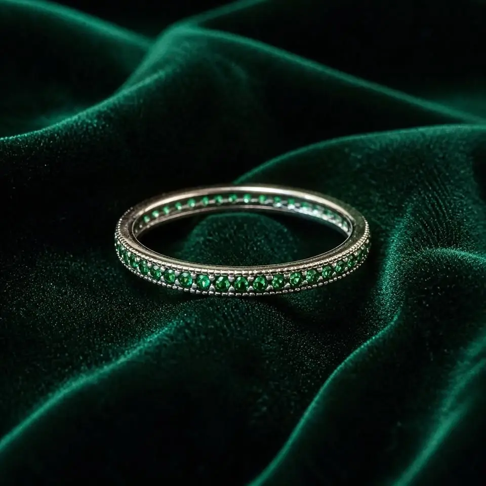 Women's Rhodium-Plated .925 Sterling Silver Mexican Churumbela Ring with Green Accents, Churumbela Motif, Protective Finish, Expressed Personality, Firm or Vibrant Look, Sizes 6-9