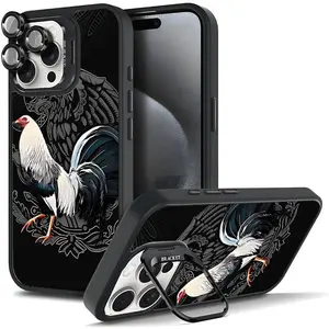 Cool Creative Rooster Pattern Shockproof Silicone Protective Case For iphone 16 15 14 13 12 11 PRO PLUS MAX Hard TPU Metal lens frame Film With Bracket Stand Gift Shockproof Protection Anti-Drop Protective Protector Phone Cases Shell Cover