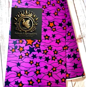 African Ankara Wax Prints Fabric - Purple with Black Patterns, Featuring a Star Design. The versatility of this fabric makes it so attractive.