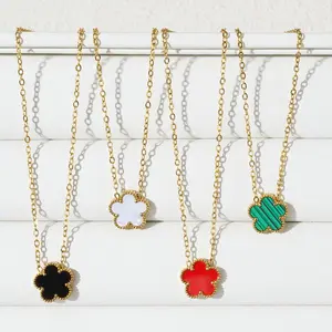 Double Sided Clover Stainless Steel Necklace for Women Plant Five Leaf Flower Pendant Fashion Jewelry