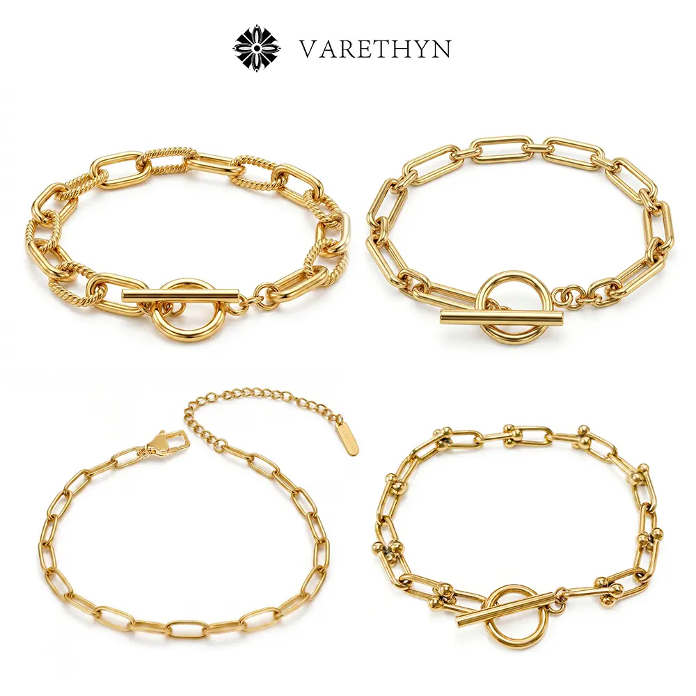 4Pcs Minimalist Gold-plated Layered Bracelet Set Chunky Paperclip & Toggle Clasp Chain Bracelets for Women