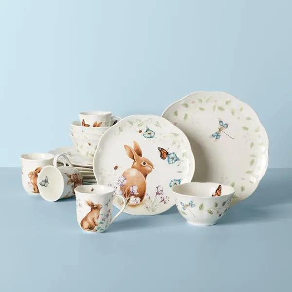 Lenox 894104 Butterfly Meadow Playful Bunny 16-Piece Porcelain Dinnerware Set with Round Plates & Bowls, Meadow Theme