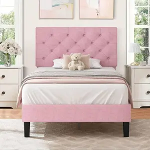 Upholstered     Headboard, Linen Platform     Wooden Slats Support,Twin/ Full/ Queen/ King,Pink/ White/ Blue/ Light Grey/ Dark Grey/ Black/ Cream with Bed Frame Brown Stripe