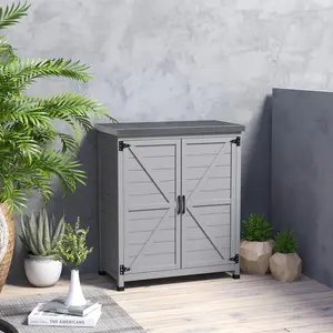 Wooden Storage Cabinet Outdoor Prep Table with Metal Tabletop Shelves Double Doors for Patio Garden Gray Galvanized Top Varnished Solid Fir Wood 31.1" W x 16.9" D x 36.2" H