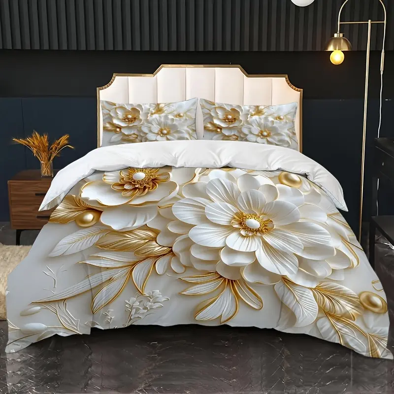 JIT 3-Piece Polyester Gold Floral Duvet Cover Set - Gold Leaf Pearl Flower Print, Zipper Closure, 1 Duvet Cover + 2 Pillowcases, Breathable, Soft, Machine Washable Bedding Set, bt3-jszzhd, Three Pieces