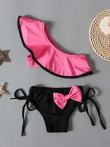 European Style Baby Girl Solid Color Swimsuit, Off-Shoulder Two-Piece Swimwear, Frill Design, Kids Bathing Suit, Fashion