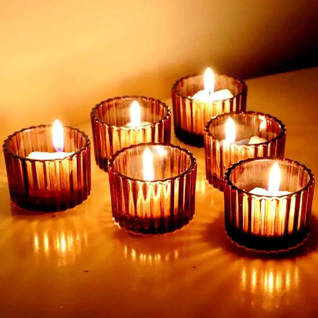 Tealight Candle Holder Set of 12, 2'' x 1.4'' Glass Brown Small Votive Candle Holders  Decoration, Clear Tealight Candles Holder for Table Centerpieces and Wedding Decor