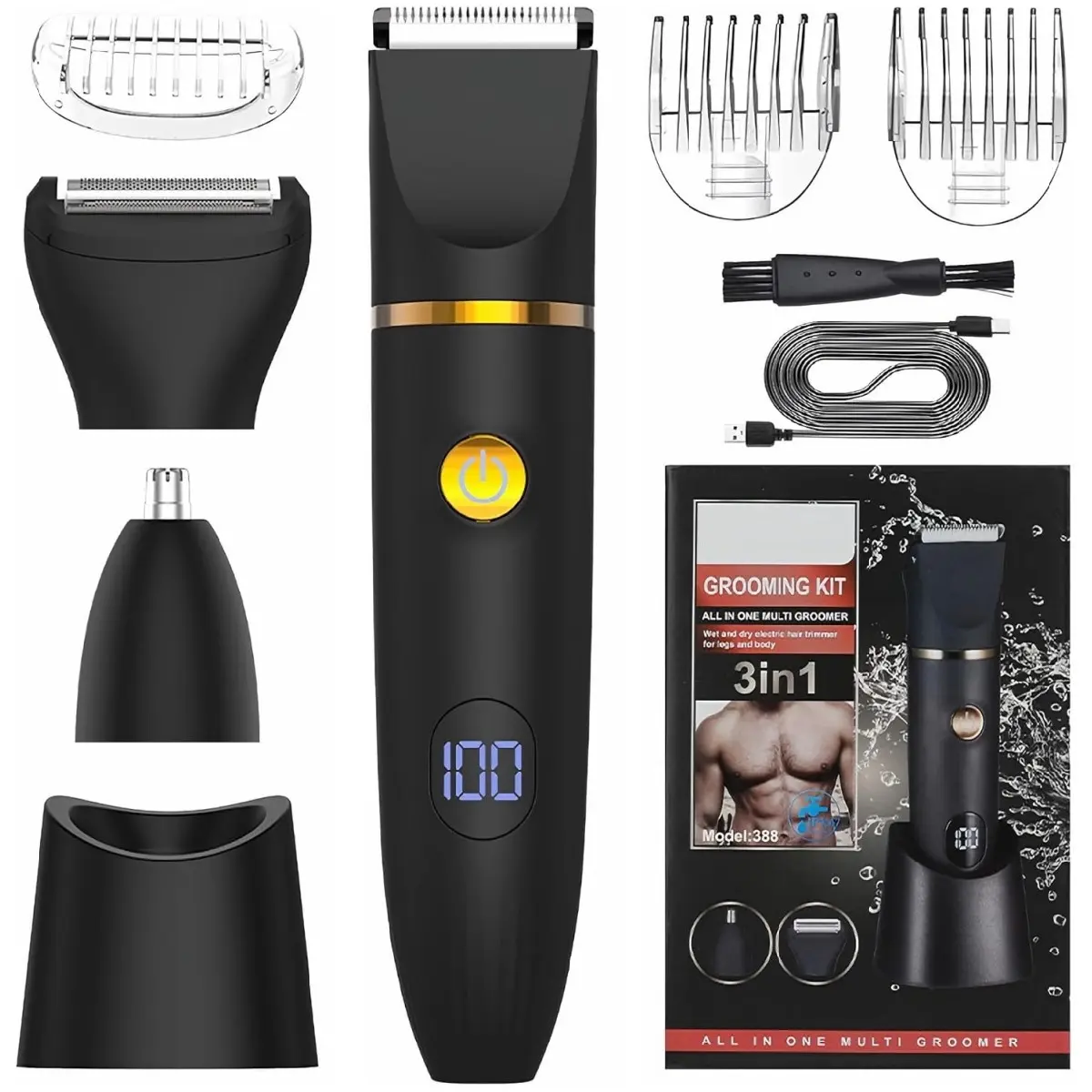 Manscape Body Trimmer for Men, 3 in 1 Men's Grooming Kit with Pubic/Nose Hair Trimmer & Ball Shaver for Nose/Balls/Groin/Legs/Chest Hair Removal, LED Display, IPX6 Waterproof, Gifts for Him Dad